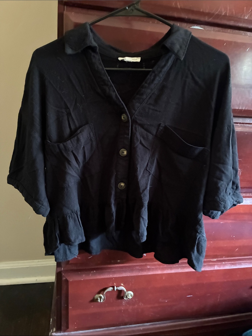 Moa Moa Black Button-Front Collared Peplum Blouse